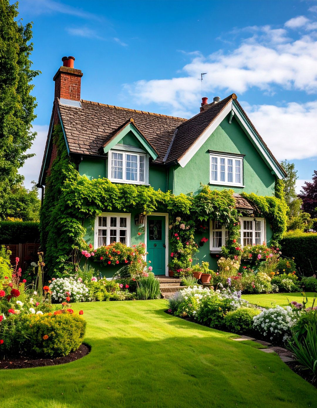 Sage Green English Cottage with Ivy and Climbing Plants - 25 Sage Green Painted Brick House Ideas