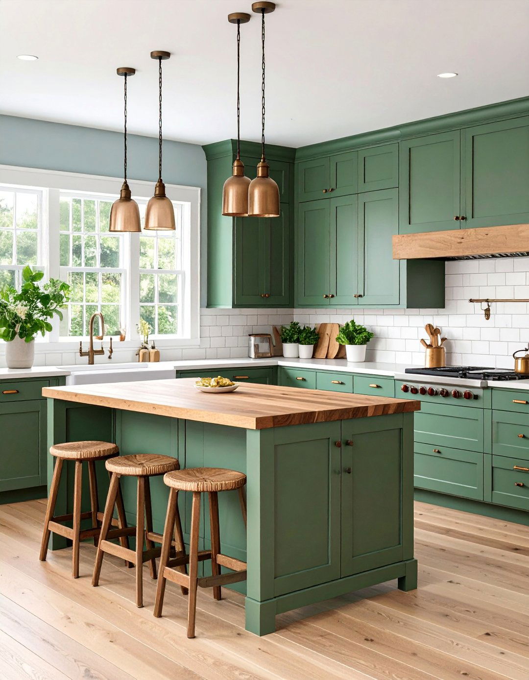 Sage Green Farmhouse Kitchen with Butcher Block Countertops - 25 Dark Green Kitchen Ideas