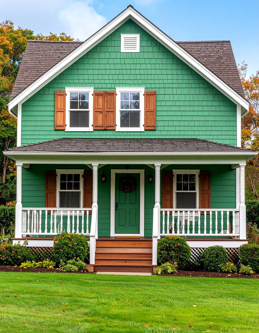 Sage Green Farmhouse with Brown Roof and Shutters - 25 Sage Green House With Brown Trim Ideas