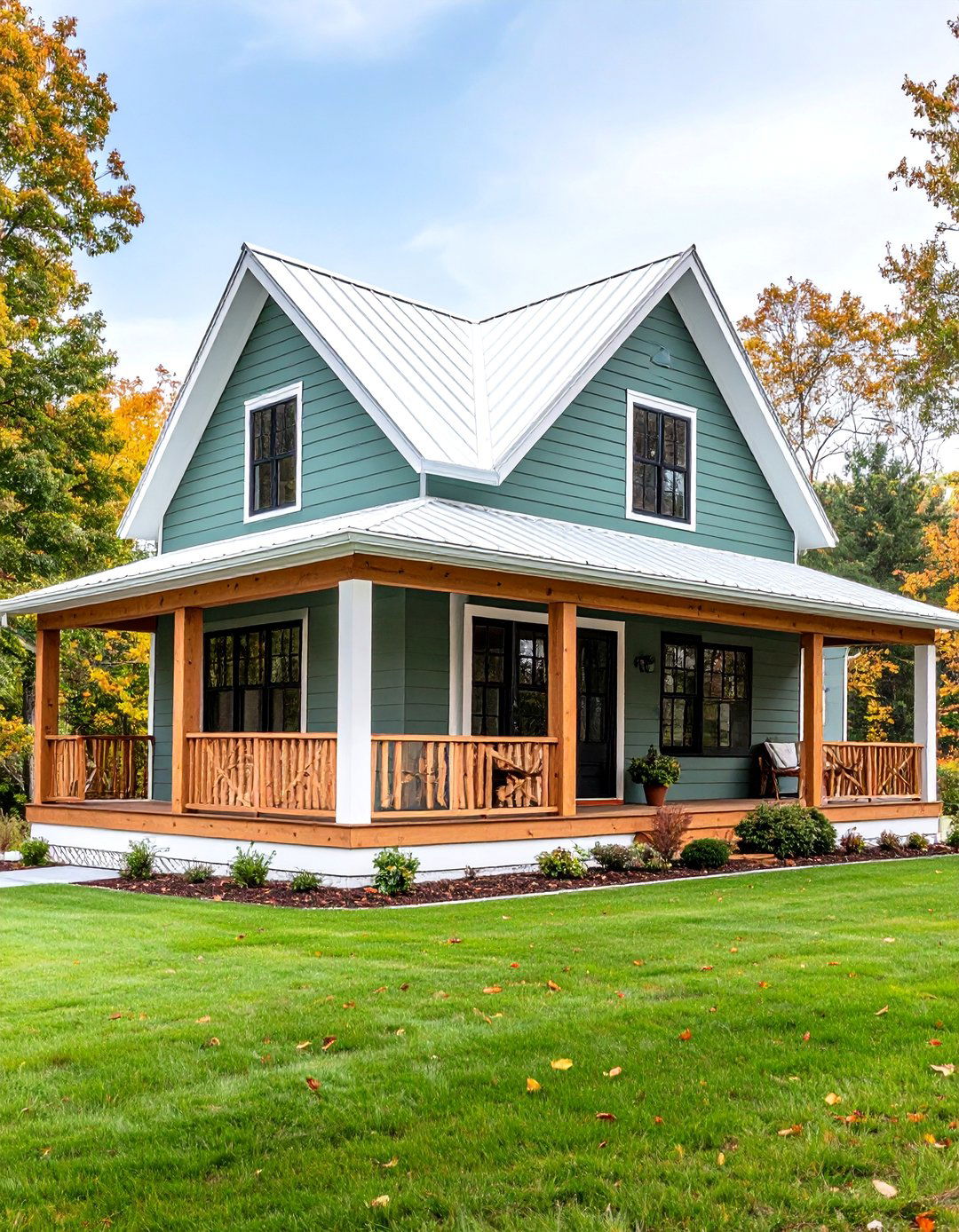 Sage Green Farmhouse with Metal Roof - 25 Green Exterior House Paint Ideas