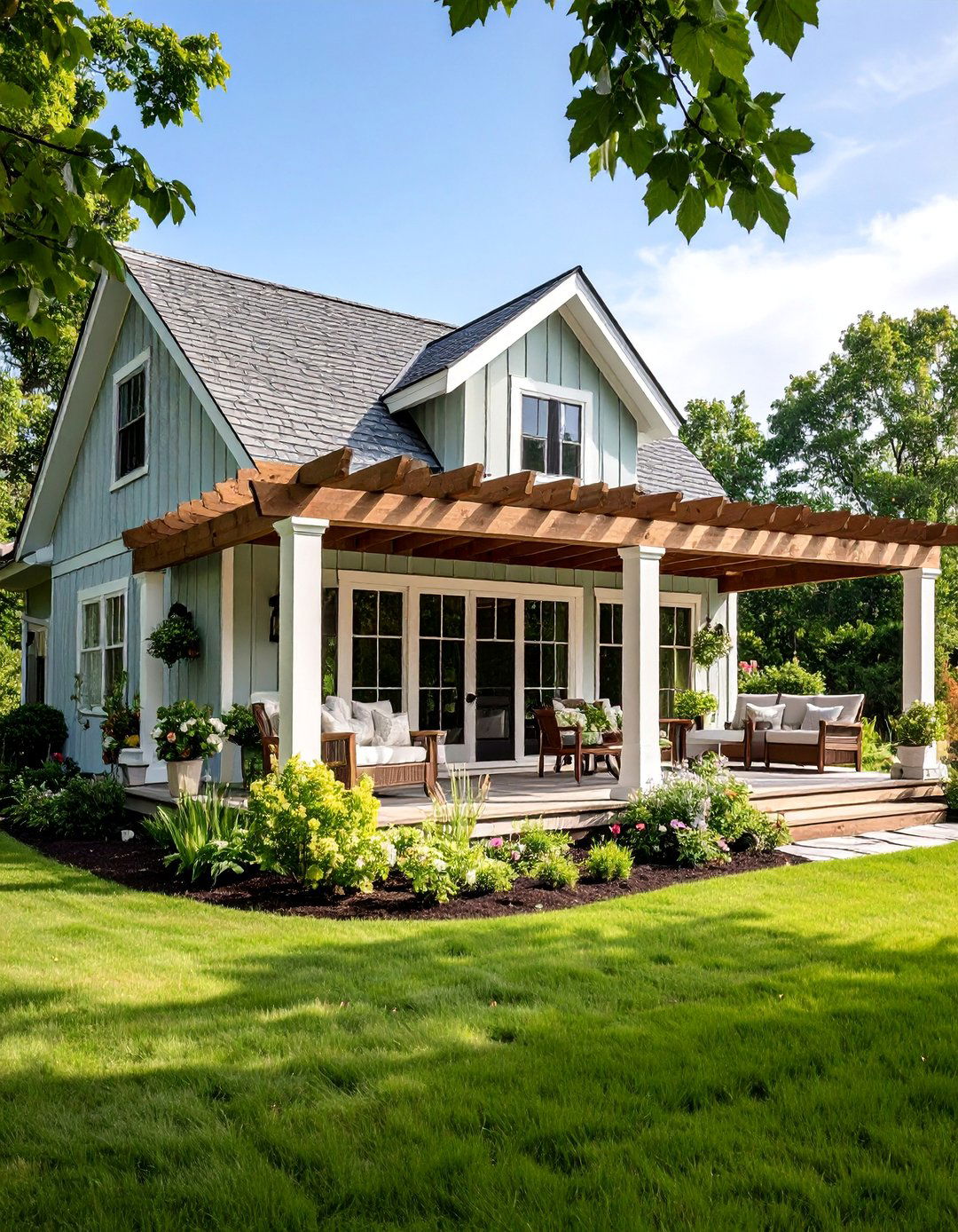 Sage Green Farmhouse with Pergola Attached - 25 Farmhouse Green Exterior Home Ideas