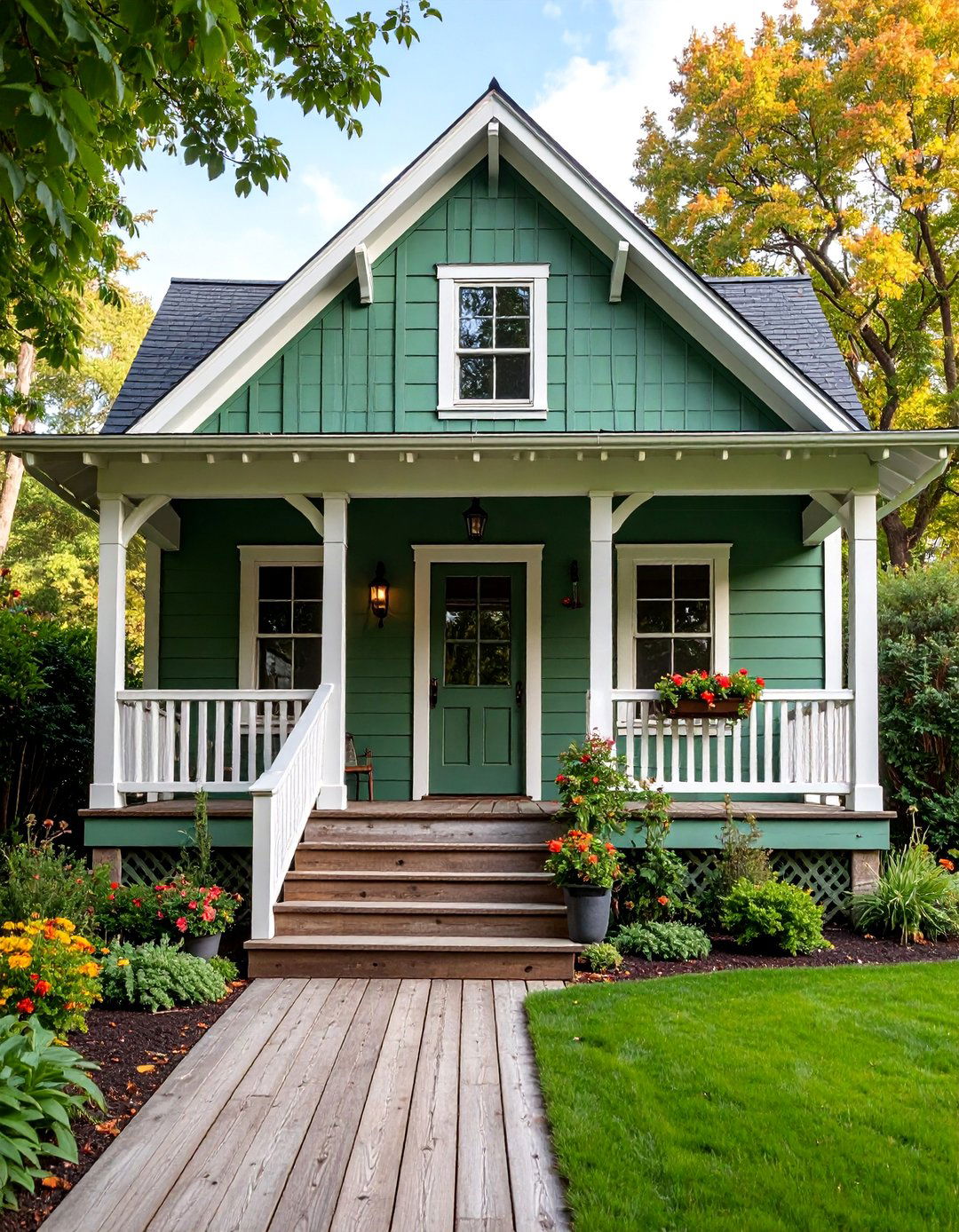 Sage Green Farmhouse with Reclaimed Wood Porch - 25 Farmhouse Green Exterior Home Ideas