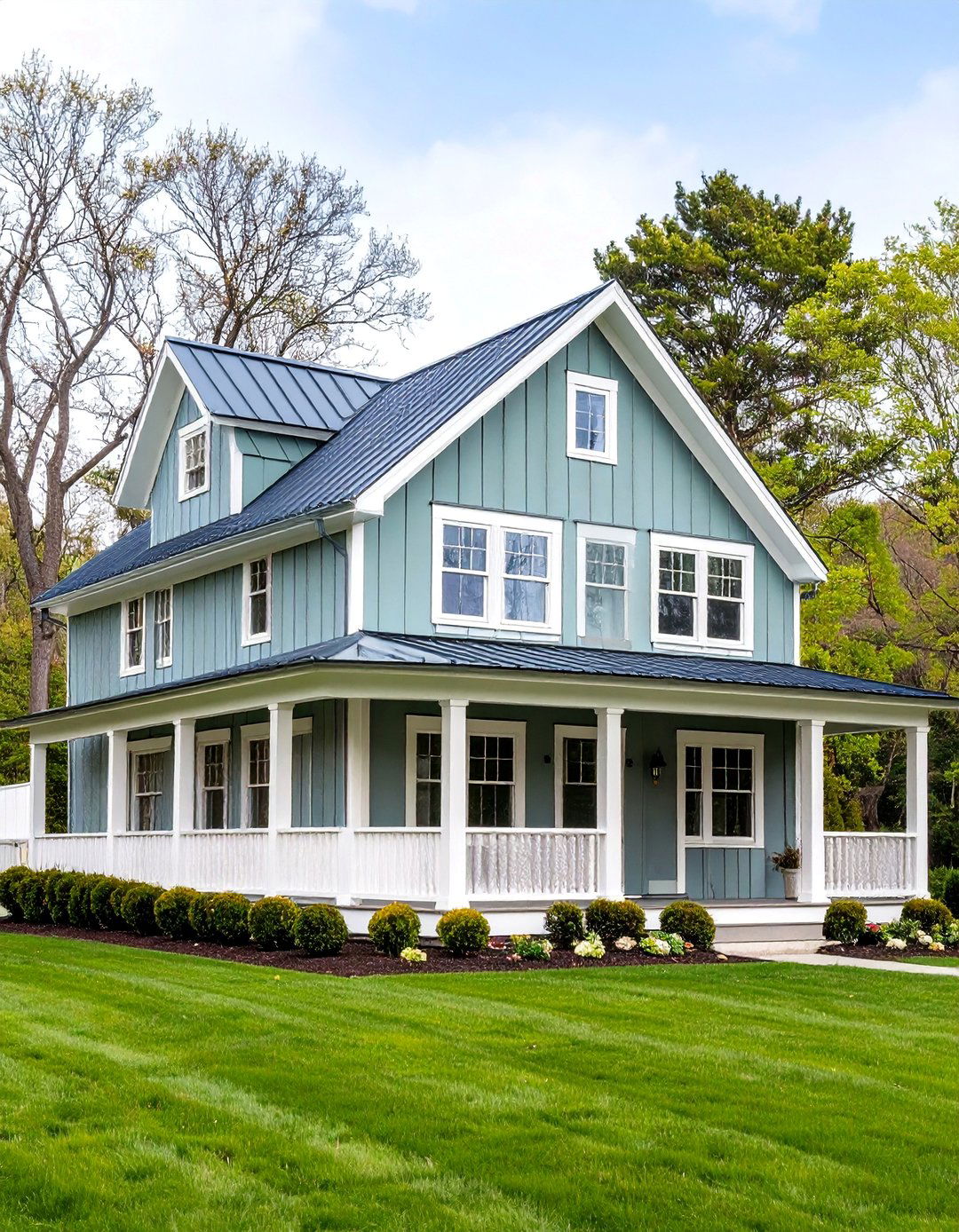 Sage Green Farmhouse with White Board and Batten - 25 Farmhouse Green Exterior Home Ideas