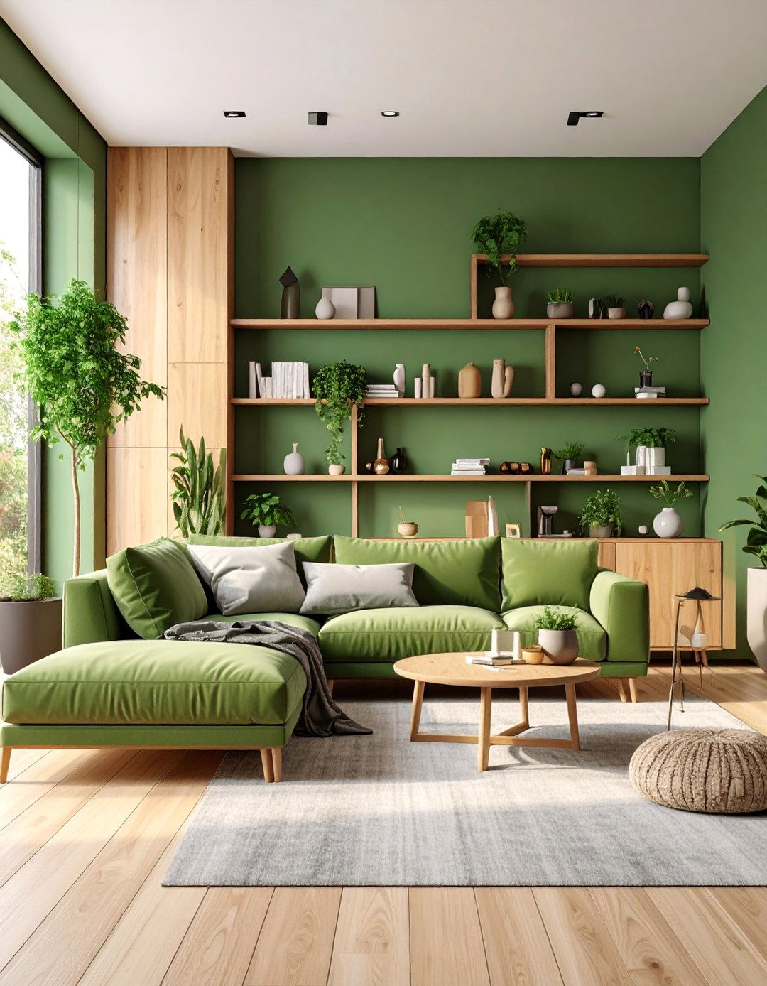 Sage Green Feature Wall with Built in Storage - 25 Sage Green Living Room Ideas