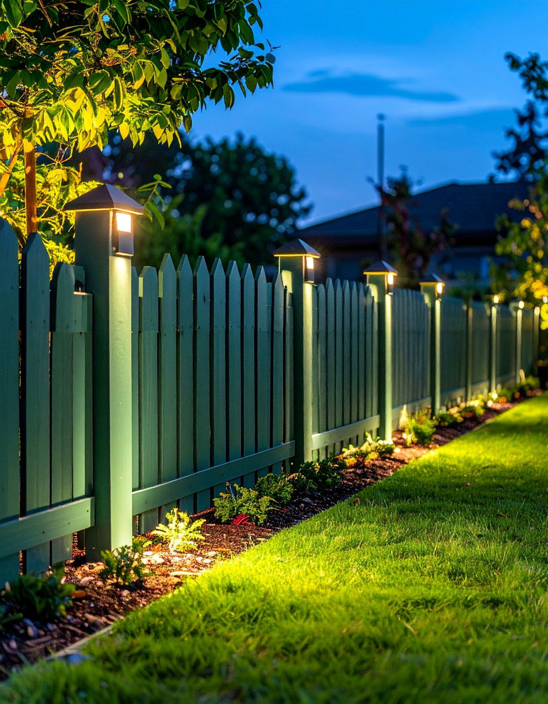 Sage Green Fence with Integrated Outdoor Lighting - 25 Sage Green Garden Fence Ideas