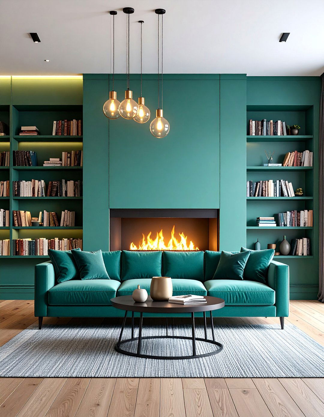 Sage Green Fireplace Wall with Integrated Book Nooks and Reading Lights - 25 Sage Green Fireplace Ideas