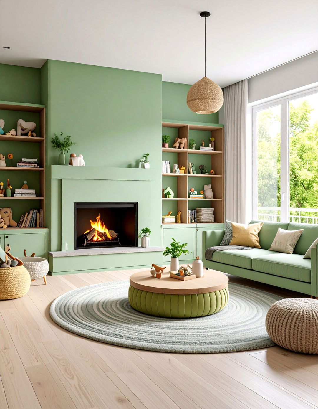 Sage Green Fireplace with Childrens Reading Corner and Storage Cubbies - 25 Sage Green Fireplace Ideas