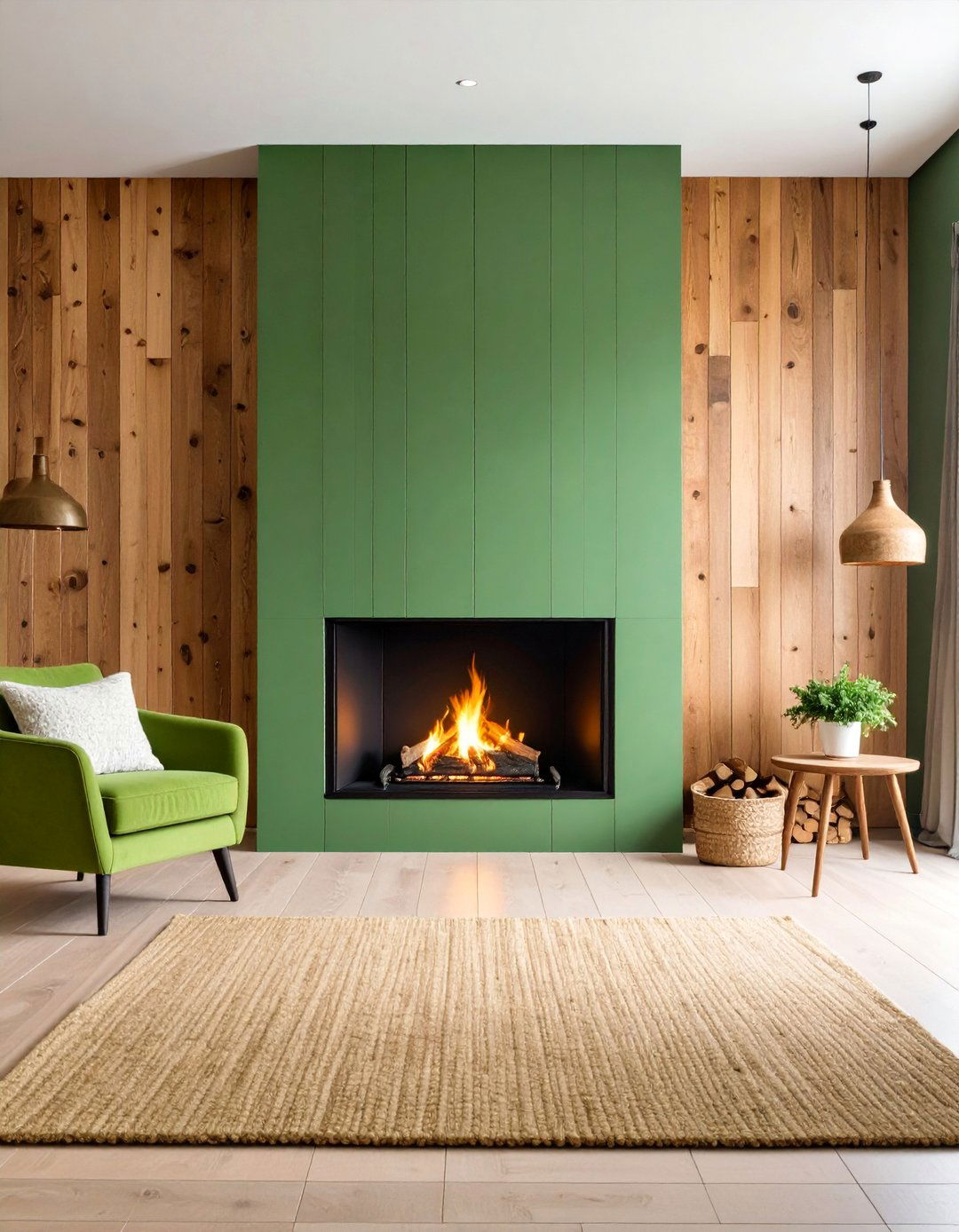 Sage Green Fireplace with Reclaimed Wood Accent Wall Treatment - 25 Sage Green Fireplace Ideas