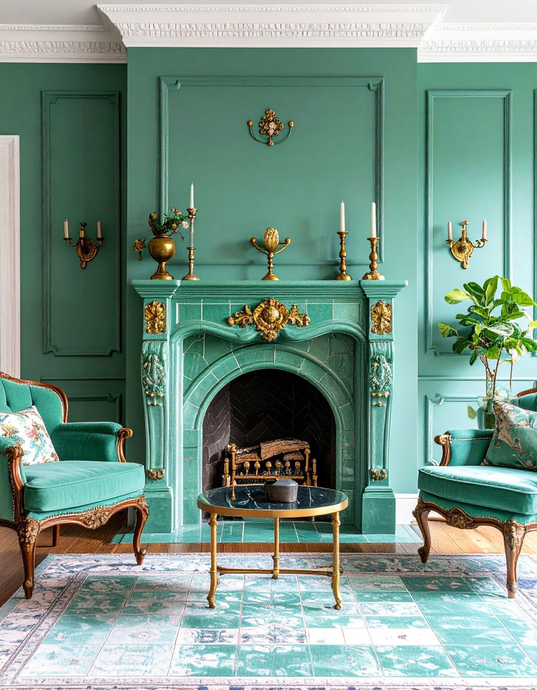 Sage Green Fireplace with Vintage Ceramic Tile and Brass Hardware - 25 Sage Green Fireplace Ideas