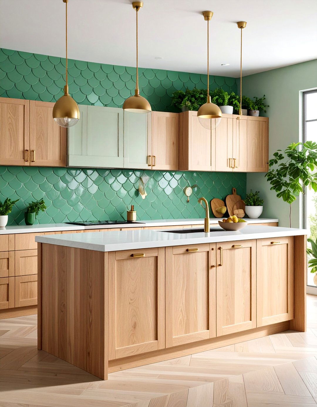 Sage Green Fish Scale with Botanical Elegance - 25 Kitchen With Green Backsplash Ideas