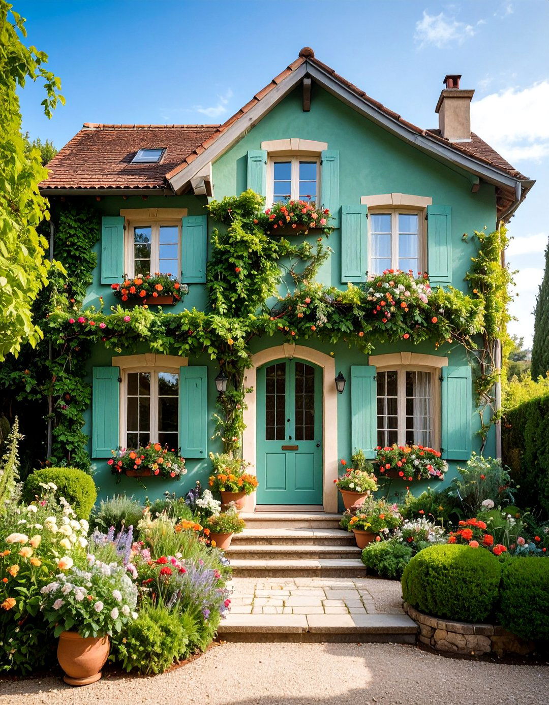 Sage Green French Country with Brown Stucco Accents - 25 Sage Green House With Brown Trim Ideas