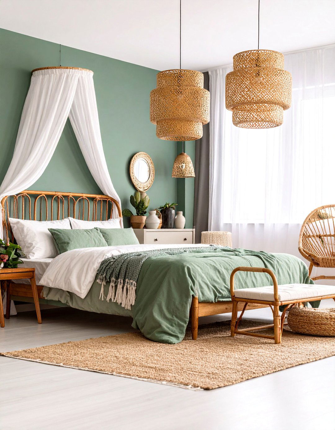 Sage Green Grandmillennial Bedroom with Rattan Accents - 25 Grandmillennial Style Bedroom Ideas
