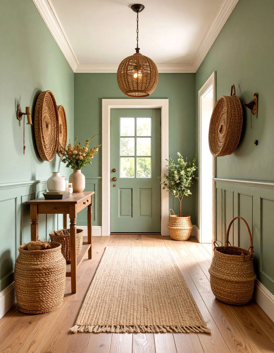 Sage Green Hallway with Natural Wood Paneling - 25 Green Hallway Ideas