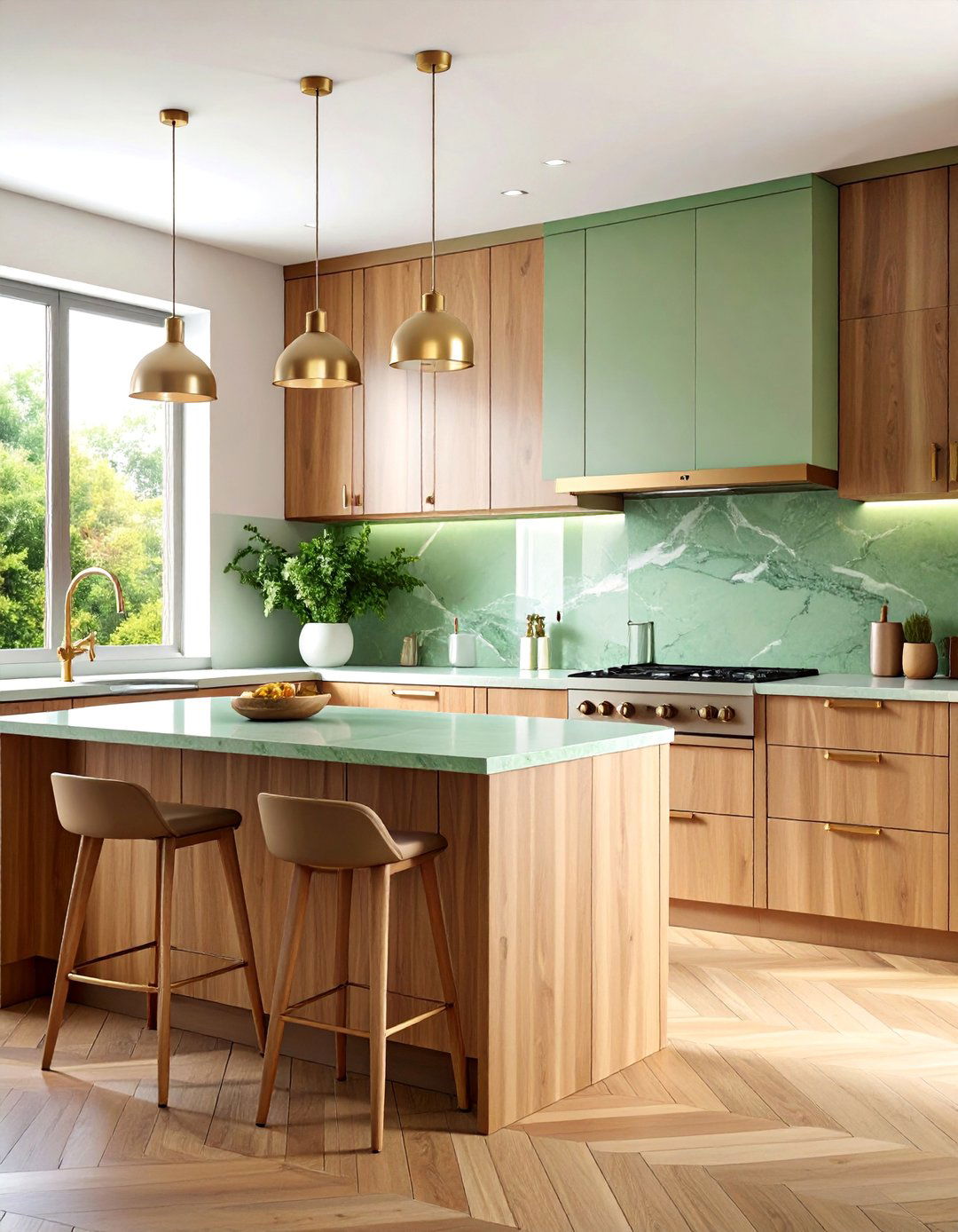 Sage Green Honed Marble Backsplash with Natural Wood Cabinets - 25 Green Marble Countertop Design Ideas