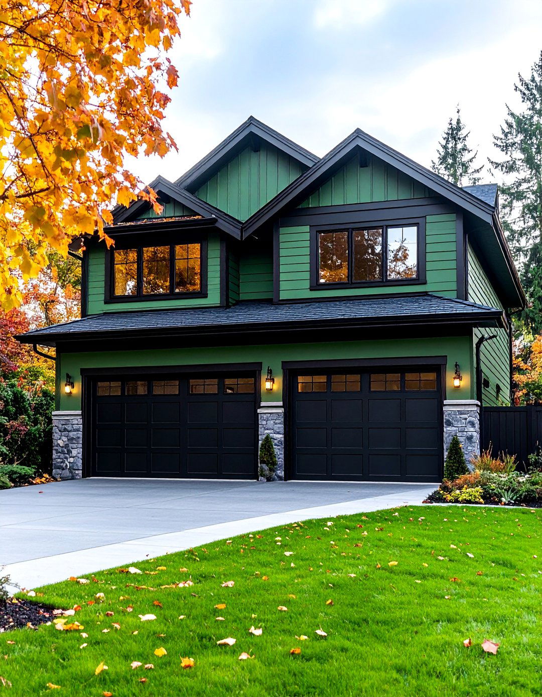 Sage Green House with Black Garage Door Statement - 25 Sage Green House With Black Trim Ideas