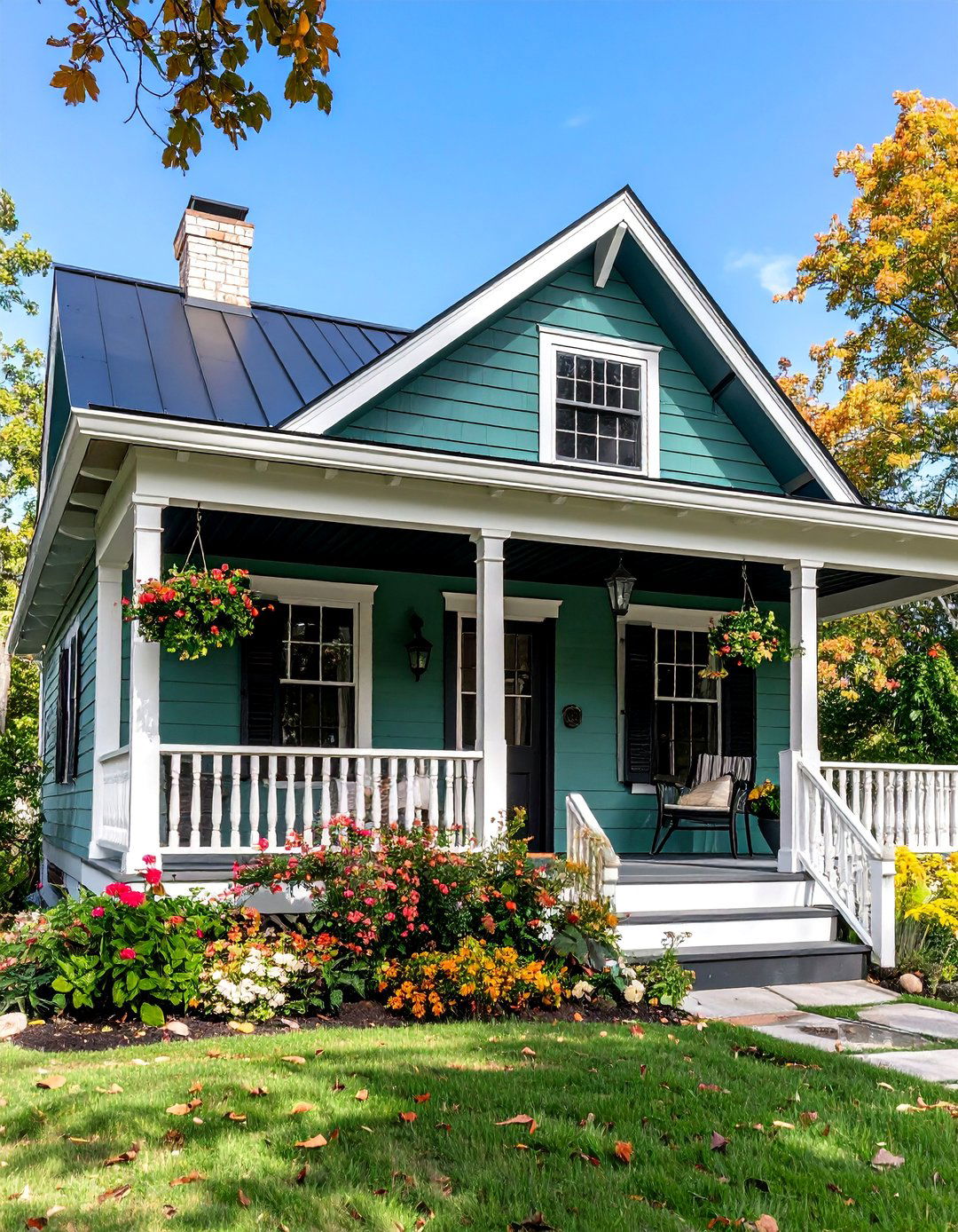 Sage Green House with Black Porch Ceiling and Details - 25 Sage Green House With Black Trim Ideas