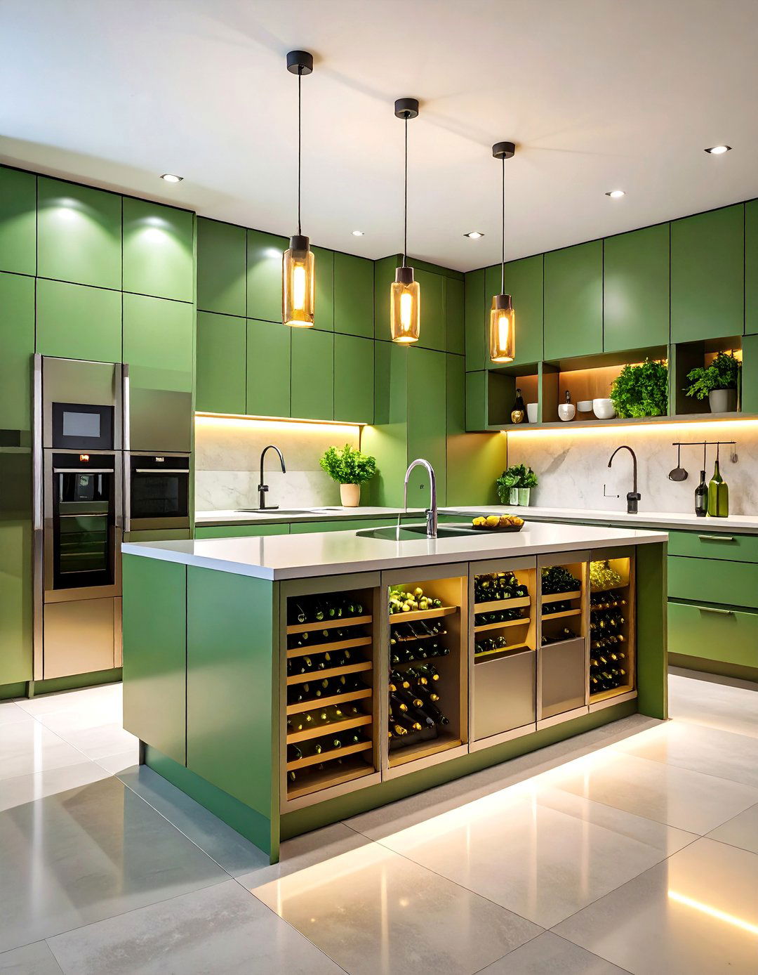 Sage Green Island with Integrated Wine Storage - 25 Sage Green Kitchen Island Ideas