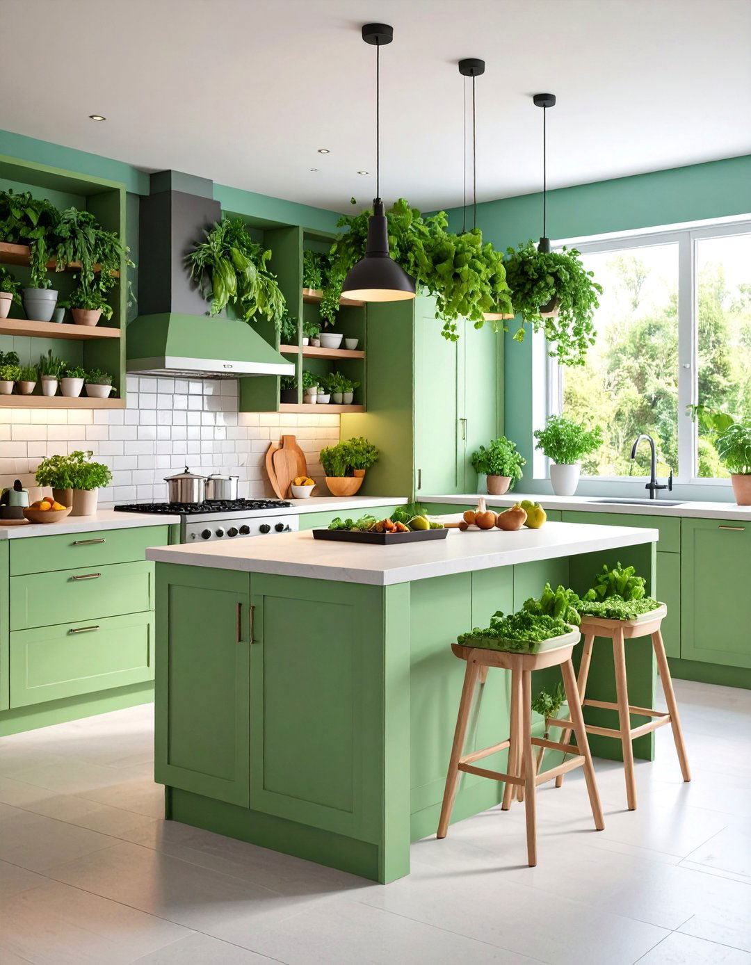 Sage Green Island with Living Herb Garden Feature - 25 Sage Green Kitchen Island Ideas