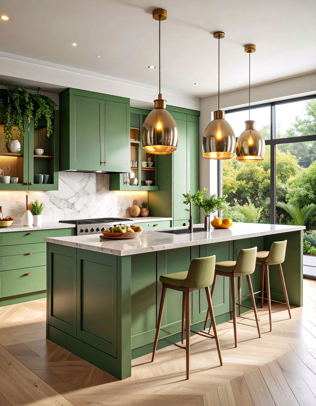 Sage Green Island with Statement Pendant Lighting Focus - 25 Sage Green Kitchen Island Ideas