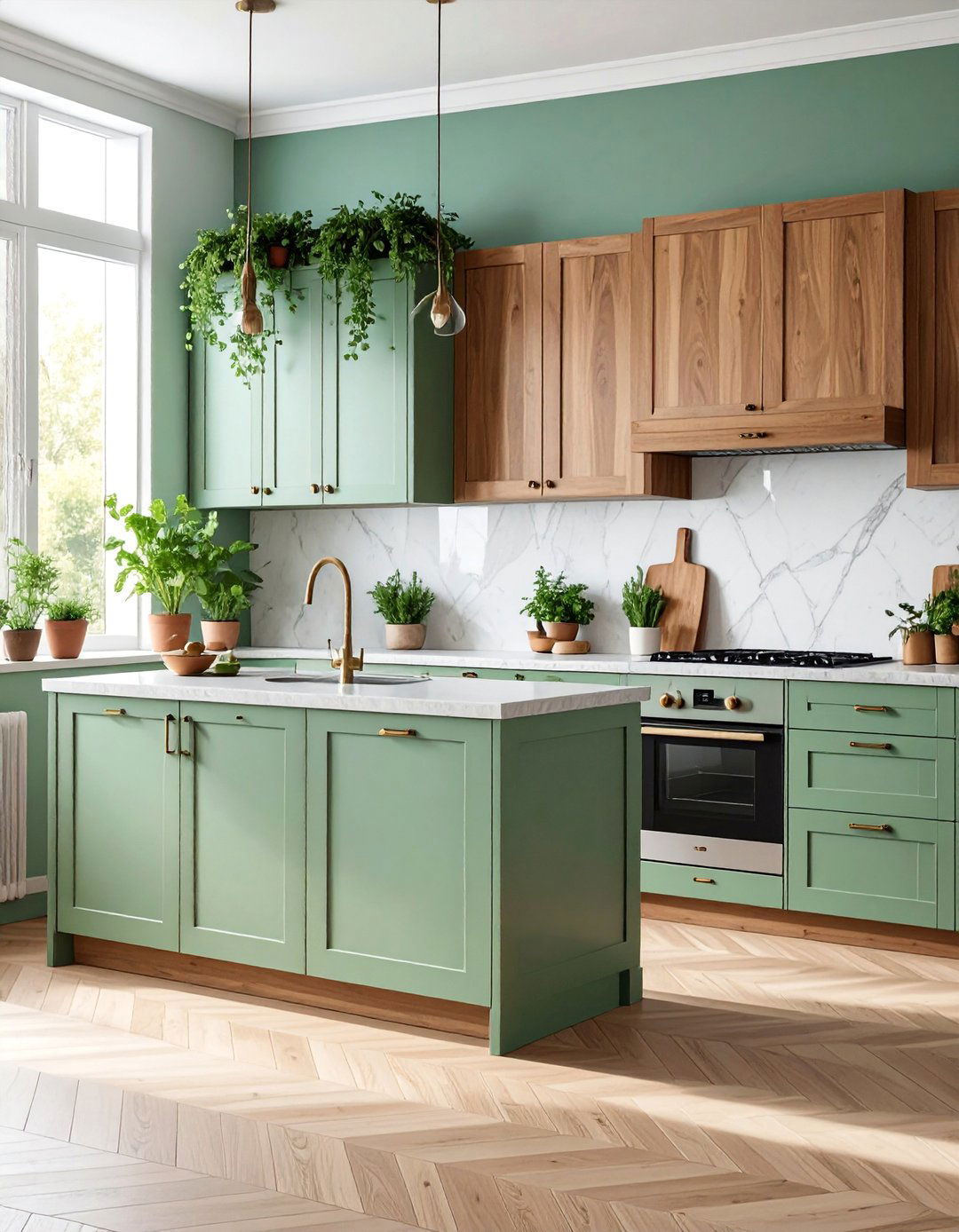 Sage Green Kitchen with Warm Wood Cabinets - 25 Sage Green Kitchen Ideas