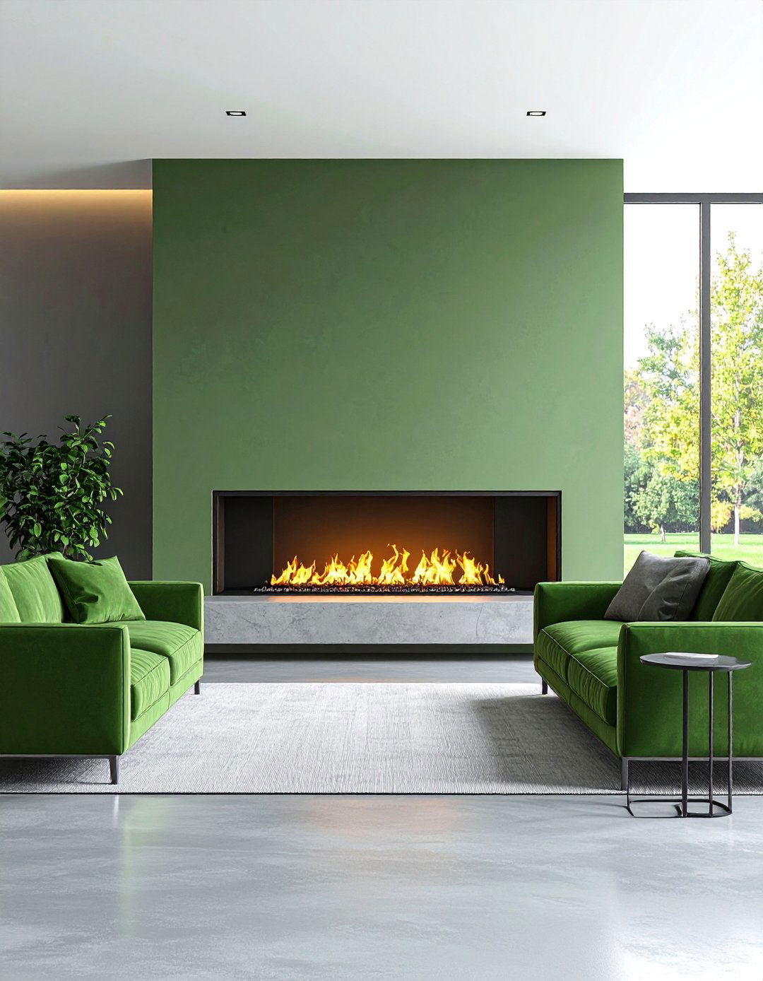 Sage Green Linear Fireplace with Concrete Hearth and Modern Furniture - 25 Sage Green Fireplace Ideas