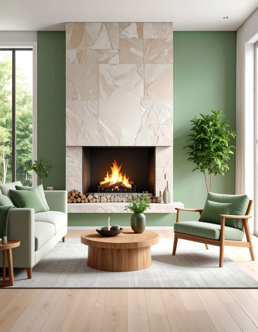 Sage Green Living Room with Fireplace Feature - 25 Sage Green Living Room Ideas