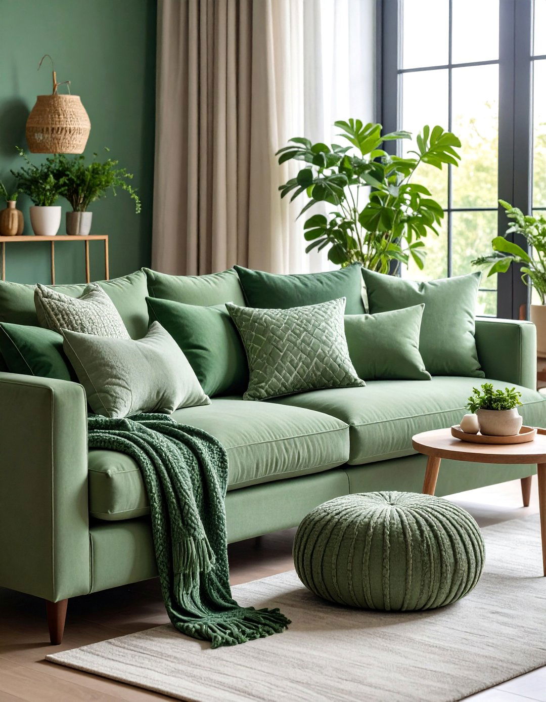 Sage Green Living Room with Layered Throw Pillows - 25 Sage Green Living Room Ideas