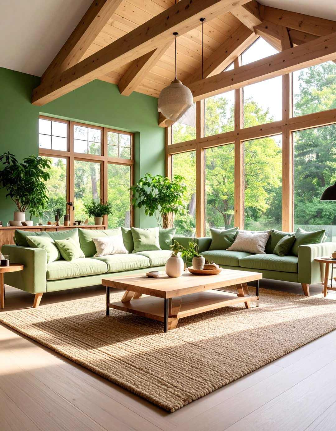 Sage Green Living Room with Natural Wood Elements - 25 Pastel Room Ideas