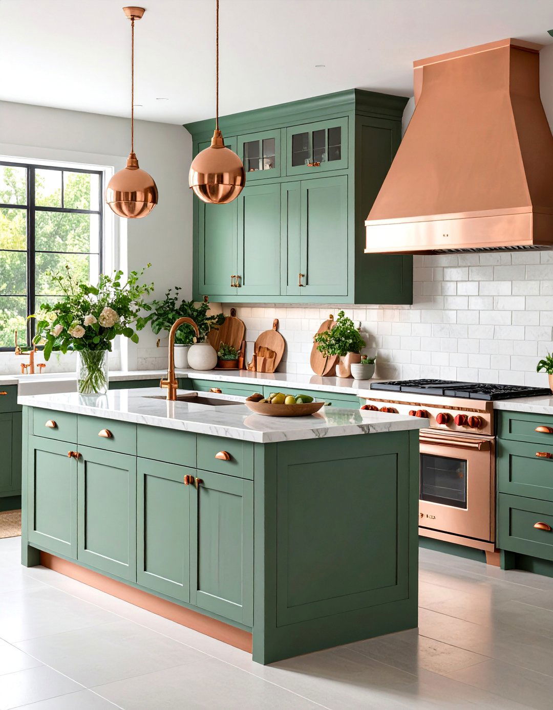 Sage Green Lower Cabinets with Copper Upper Details - 25 Green and Copper Kitchen Ideas