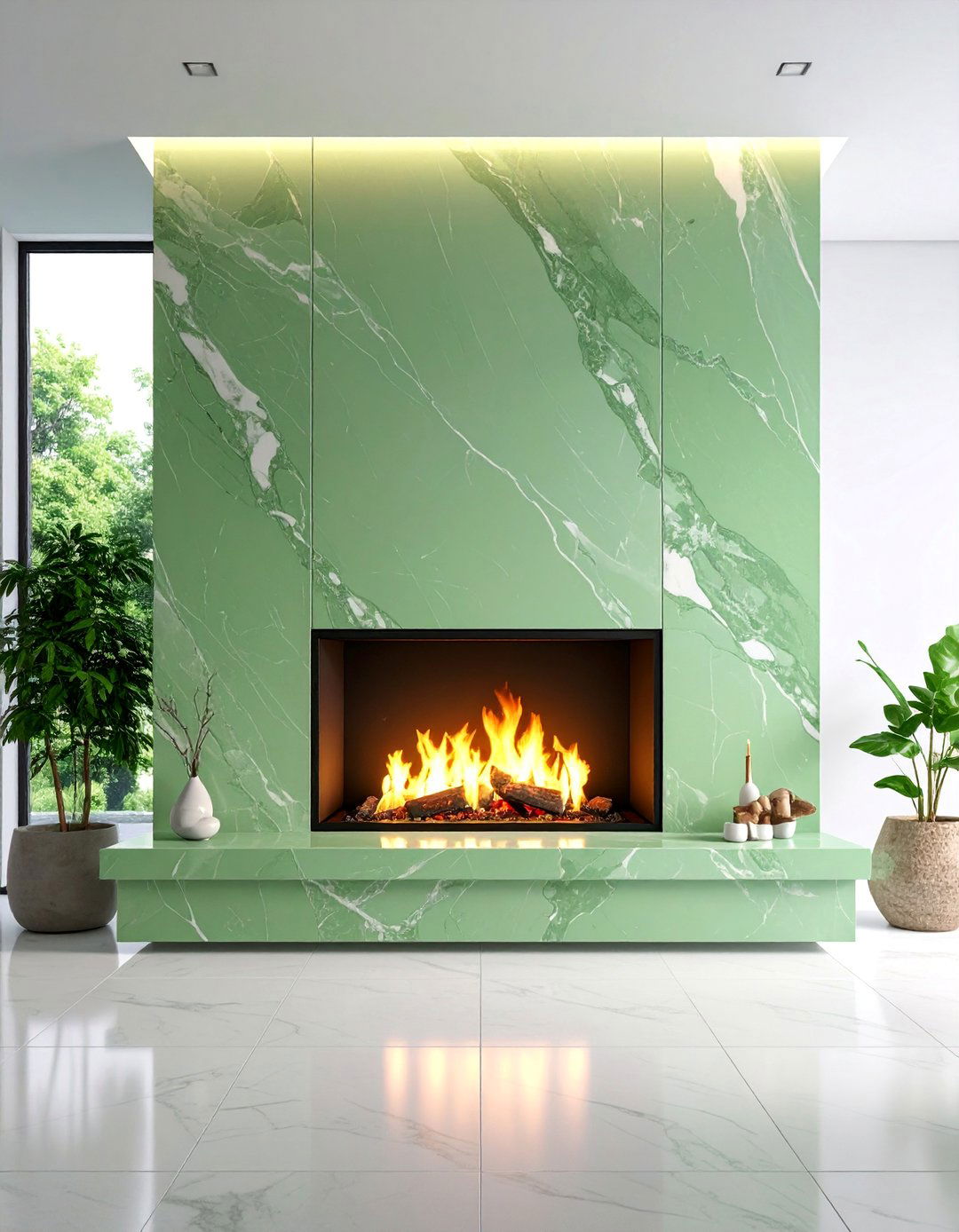Sage Green Marble Fireplace Surround with Minimalist Design - 25 Sage Green Fireplace Ideas