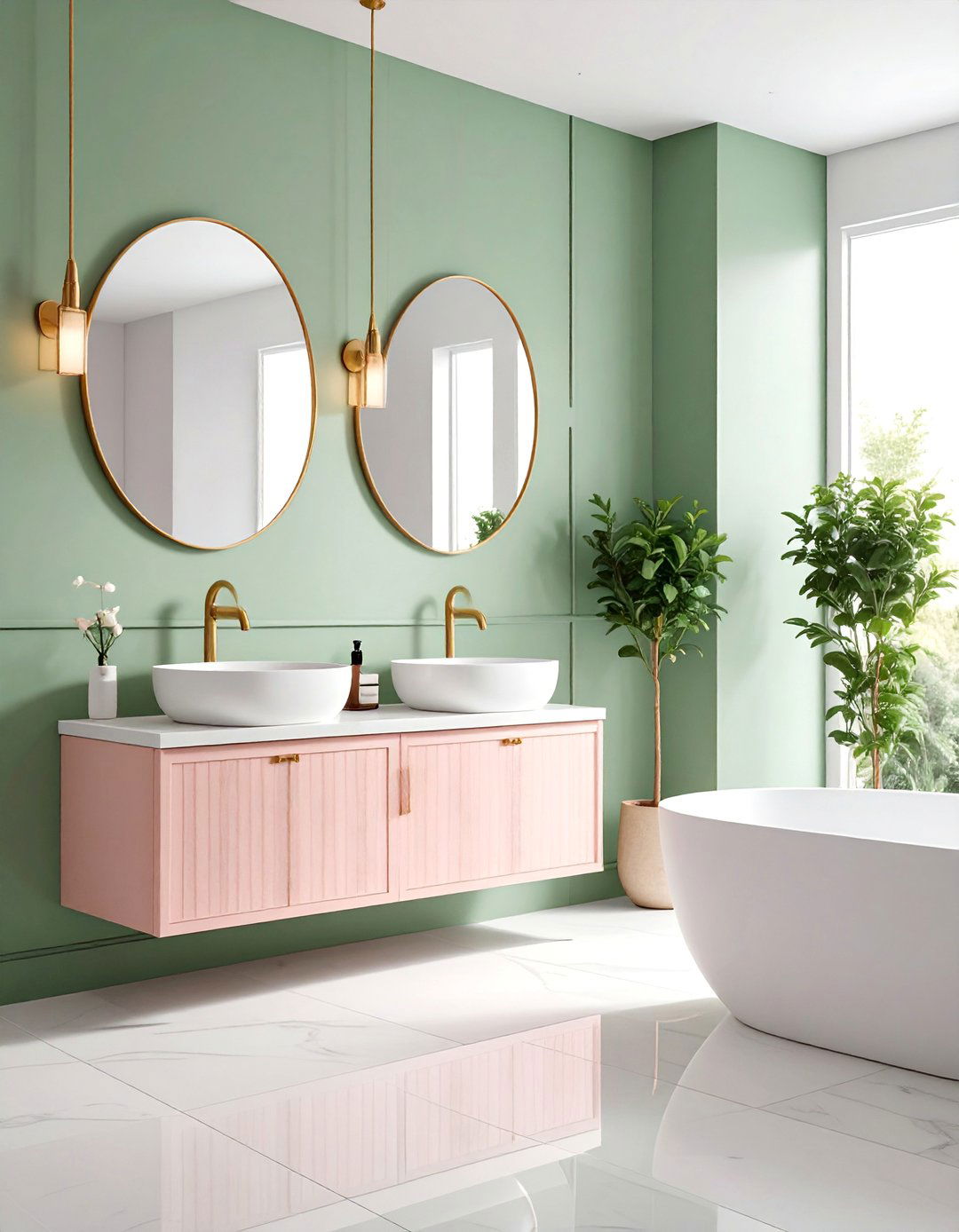 Sage Green Minimalist Bathroom with Blush Pink Hardware - 25 Pink and Green Bathroom Design Ideas