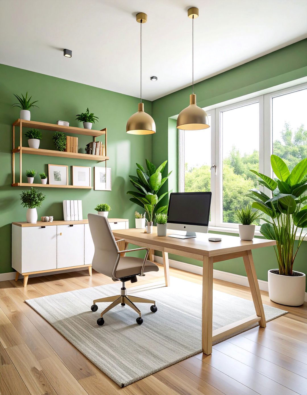Sage Green Minimalist Home Office Focus Zone - 25 Dark Green Accent Wall Ideas