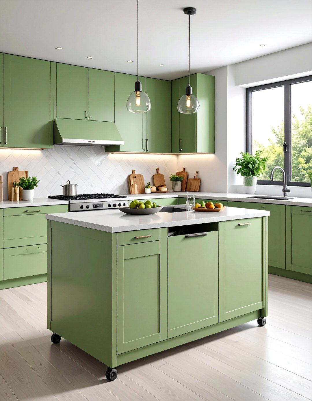 Sage Green Mobile Island with Locking Wheels - 25 Sage Green Kitchen Island Ideas