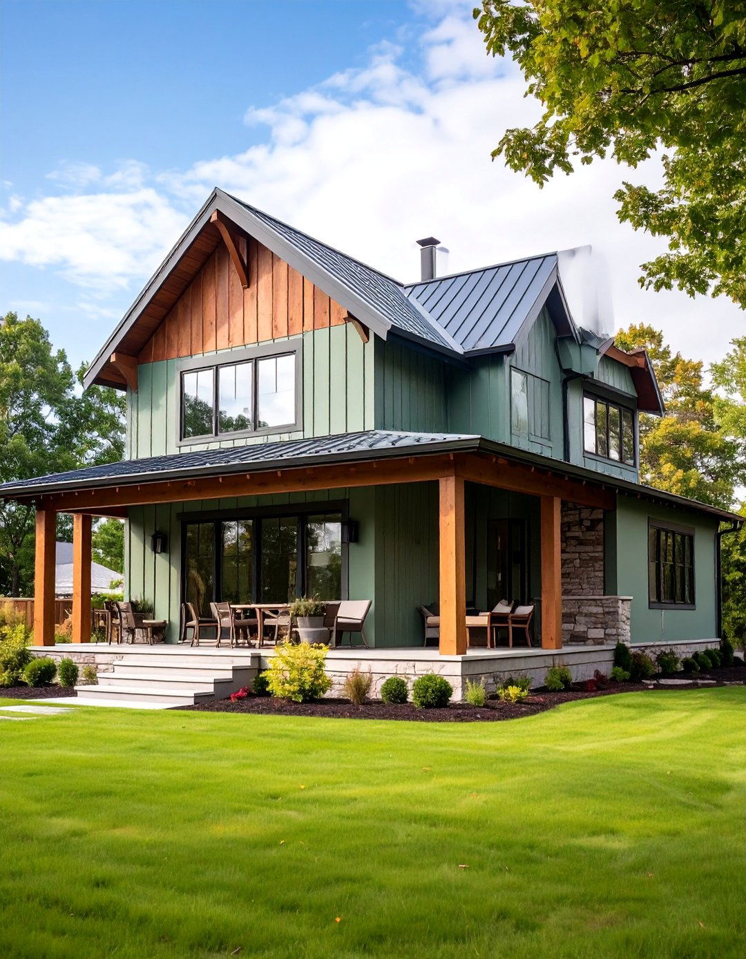 Sage Green Modern Farmhouse with Brown Board and Batten - 25 Sage Green House With Brown Trim Ideas