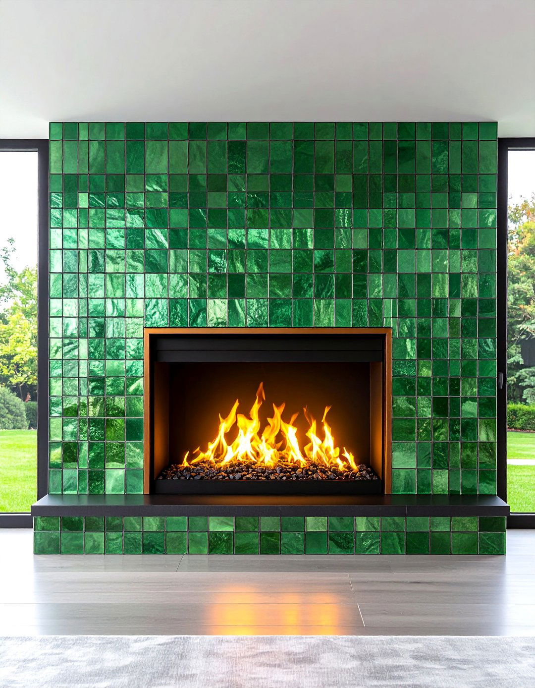 Sage Green Mosaic Tile Fireplace with Metallic Accents - 25 Sage Green Fireplace Ideas