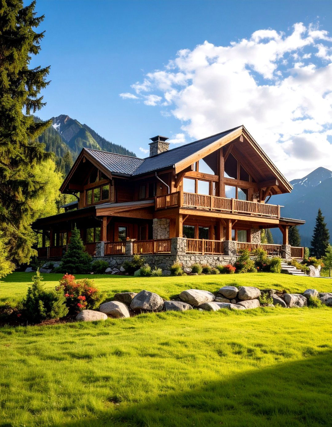 Sage Green Mountain Lodge with Brown Timber Frame - 25 Sage Green House With Brown Trim Ideas