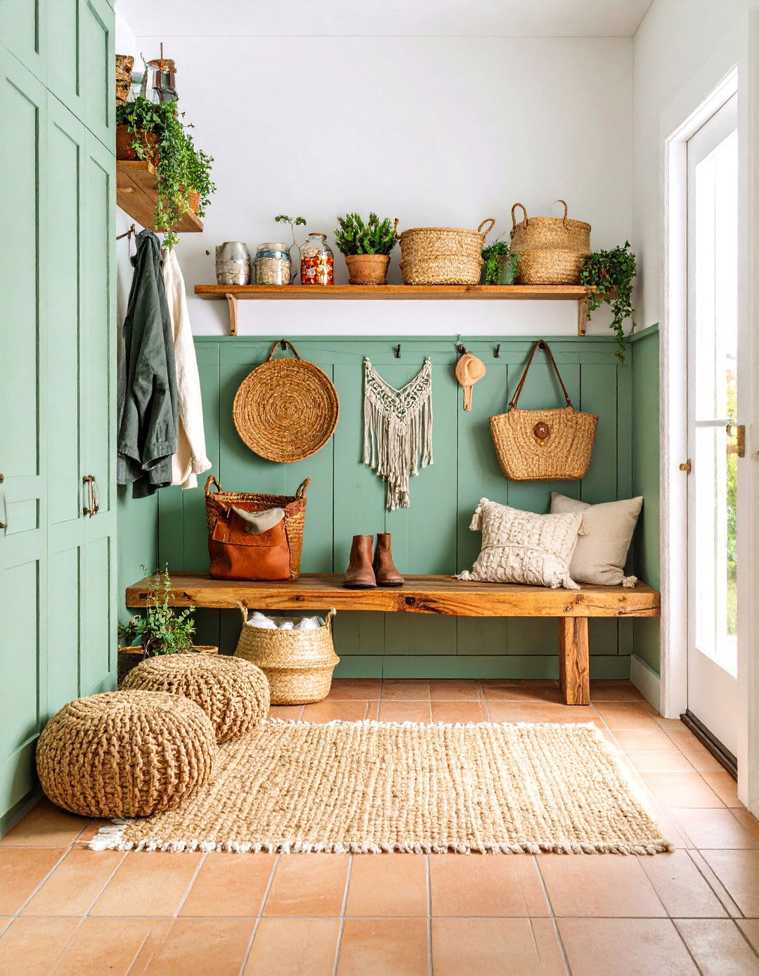 Sage Green Mudroom with Natural Wood Elements - 25 Farmhouse Mudroom Ideas