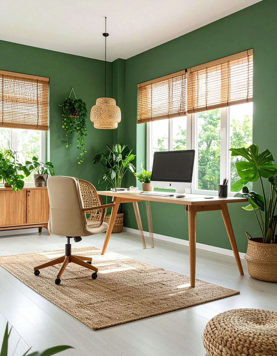 Sage Green Office with Woven Texture Natural Elements - 25 Dark Green Office Ideas and Inspiration