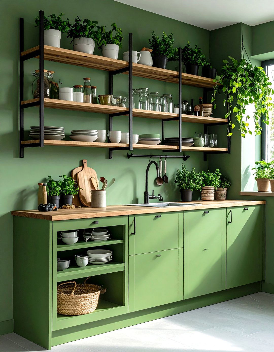 Sage Green Open Shelving with Black Brackets - 25 Black and Green Kitchen Ideas