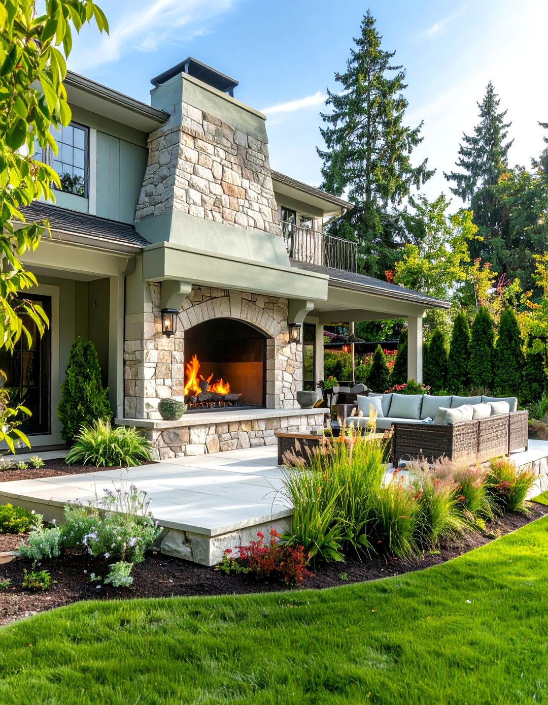 Sage Green Outdoor Fireplace with Natural Stone Patio Integration - 25 Sage Green Fireplace Ideas