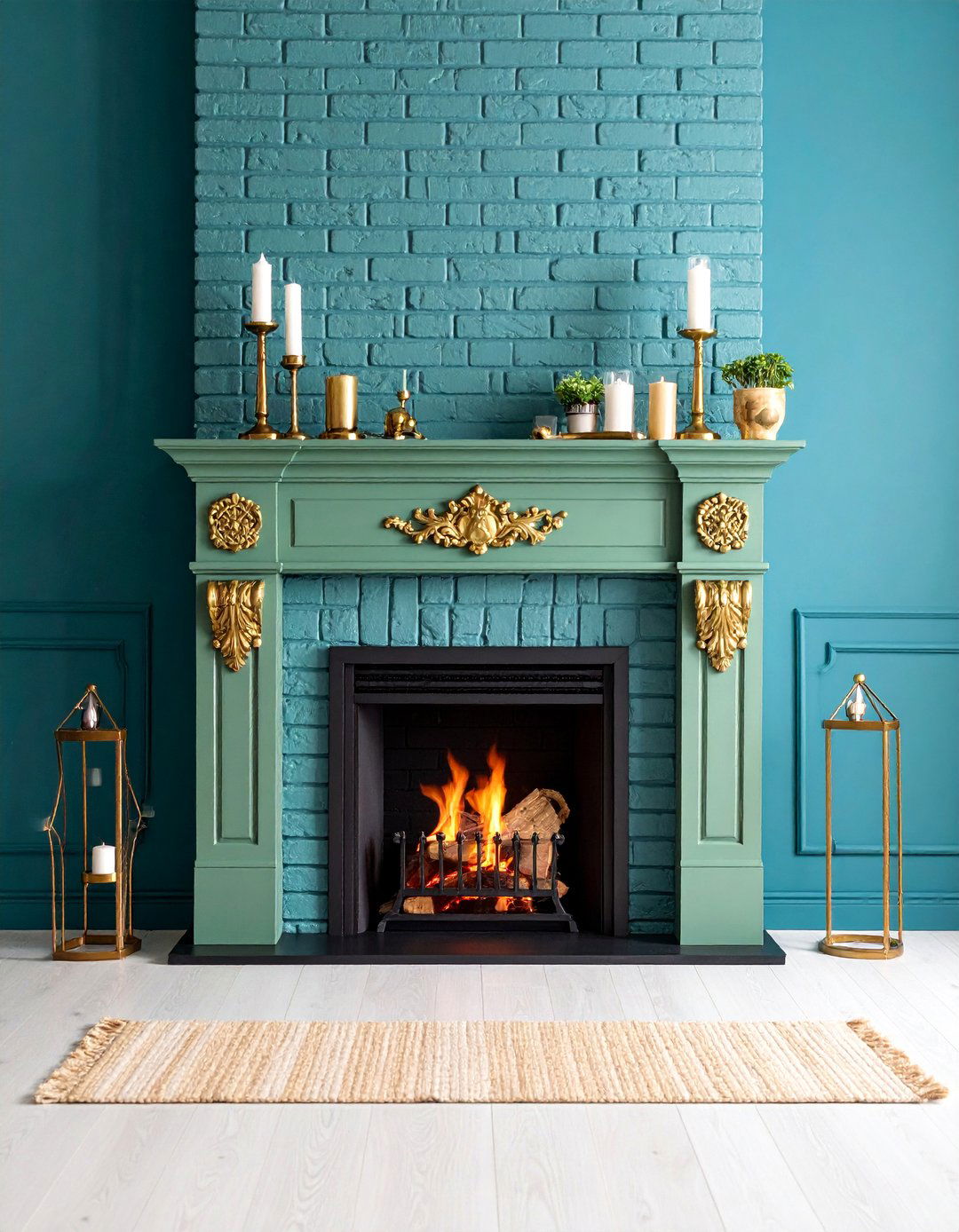 Sage Green Painted Brick Fireplace with Modern Brass Accents - 25 Sage Green Fireplace Ideas