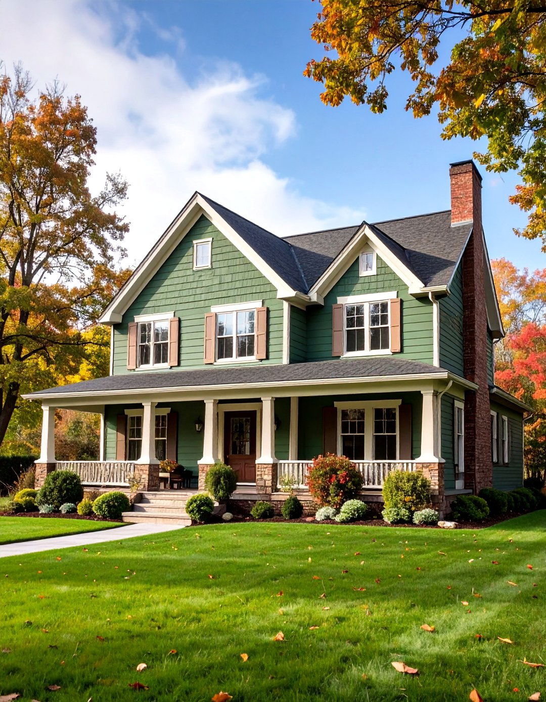 Sage Green Painted Brick with Cream and Brown Trim - 25 Exterior Brick and Paint Color Combinations