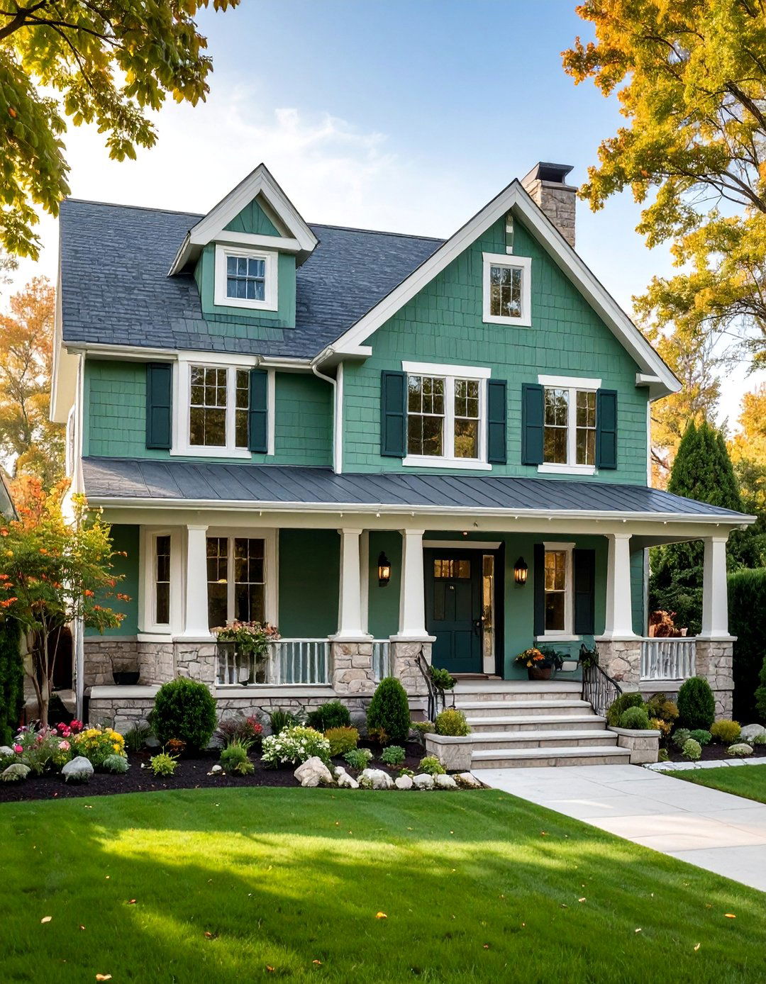 Sage Green Painted Brick with Limestone Trim - 25 Sage Green Painted Brick House Ideas