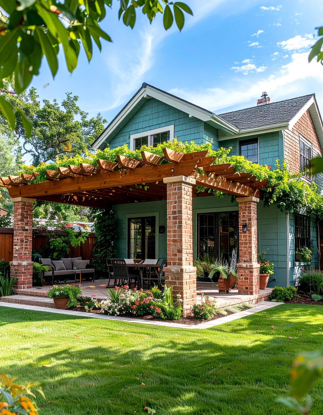 Sage Green Painted Brick with Pergola Extensions - 25 Sage Green Painted Brick House Ideas