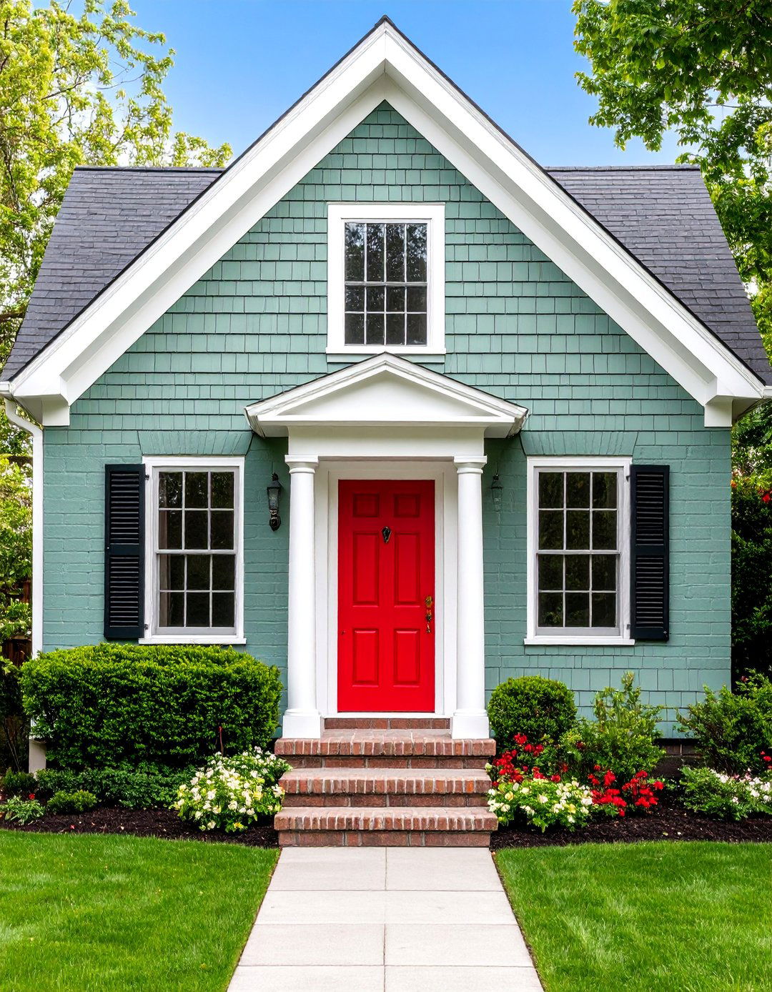 Sage Green Painted Brick with Red Door Accent - 25 Sage Green Painted Brick House Ideas
