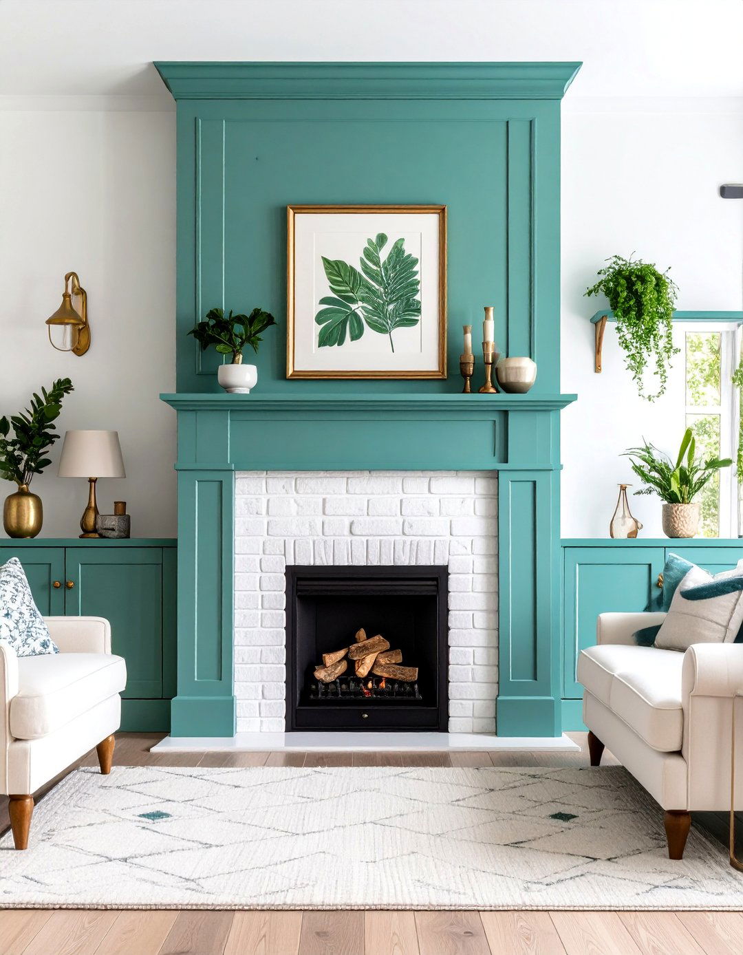 Sage Green Painted Mantel with White Brick Surround - 25 Green Fireplace Ideas