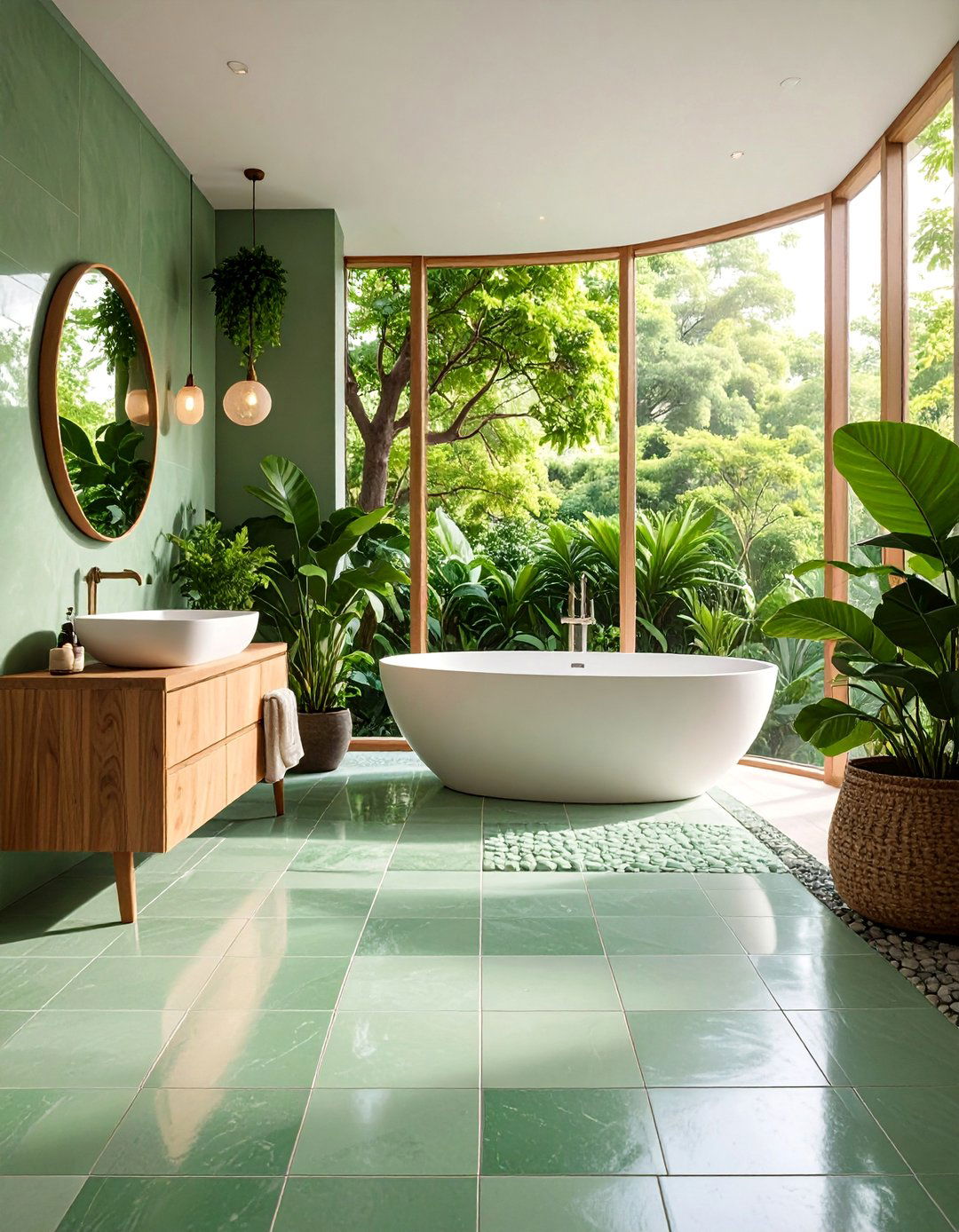 Sage Green Penny Tile Nature Inspired Floor - 25 Penny Tile Bathroom Floor Ideas