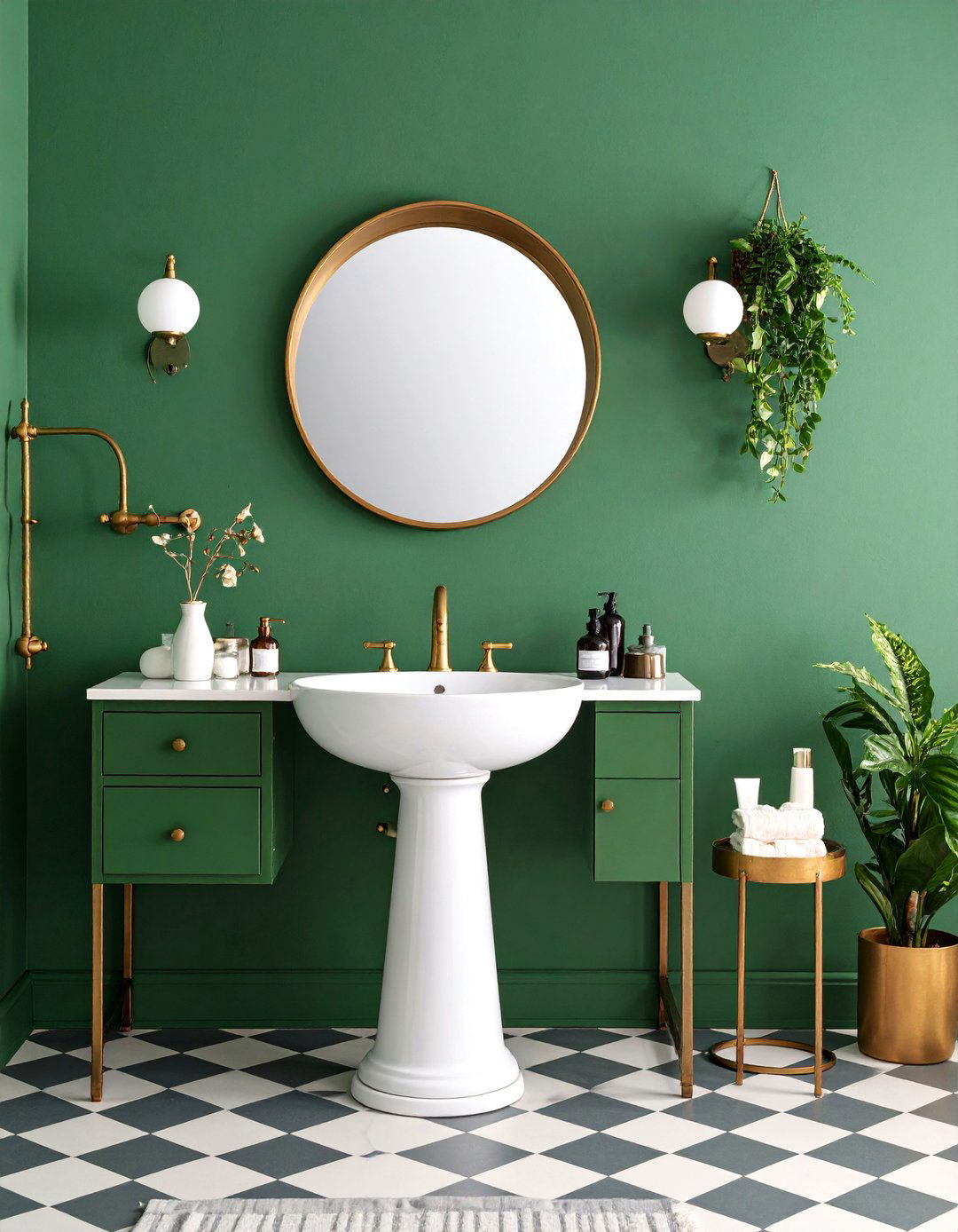 Sage Green Powder Room with Vintage Brass Elements - 25 Green Powder Room Ideas