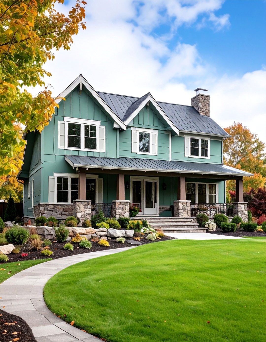 Sage Green Ranch with Stone Foundation Accents - 25 Sage Green Painted Brick House Ideas