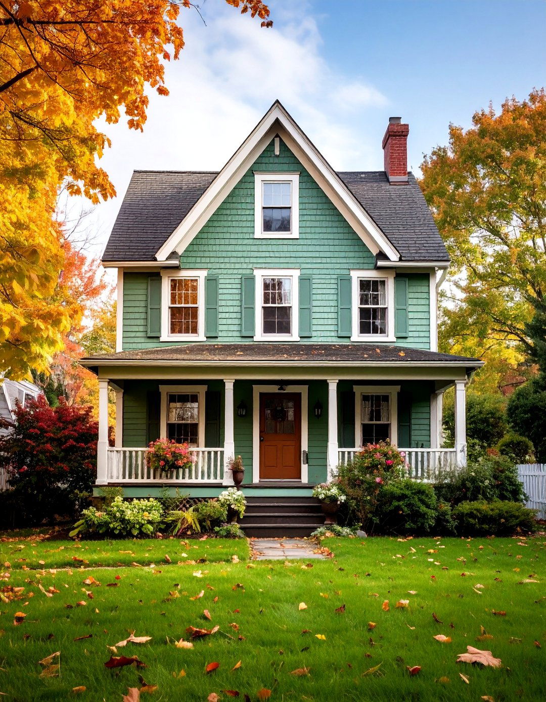 Sage Green Saltbox with Brown Gambrel Details - 25 Sage Green House With Brown Trim Ideas